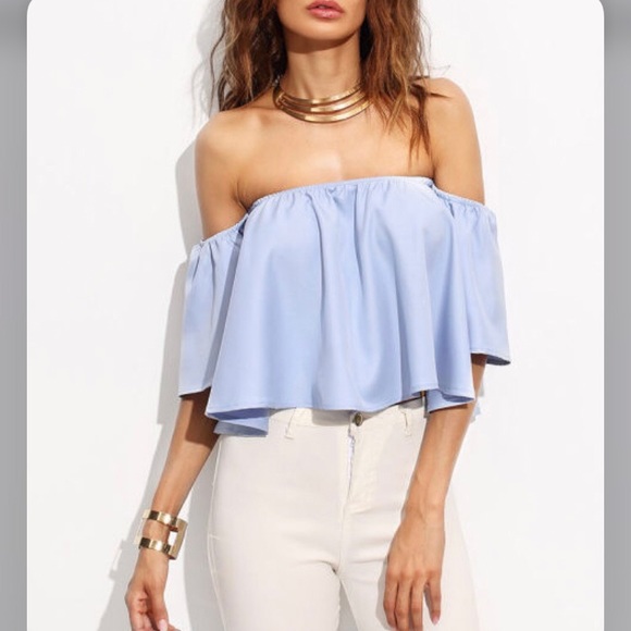 Blue off shoulder summer sleeve top blouse shirt - Picture 2 of 4
